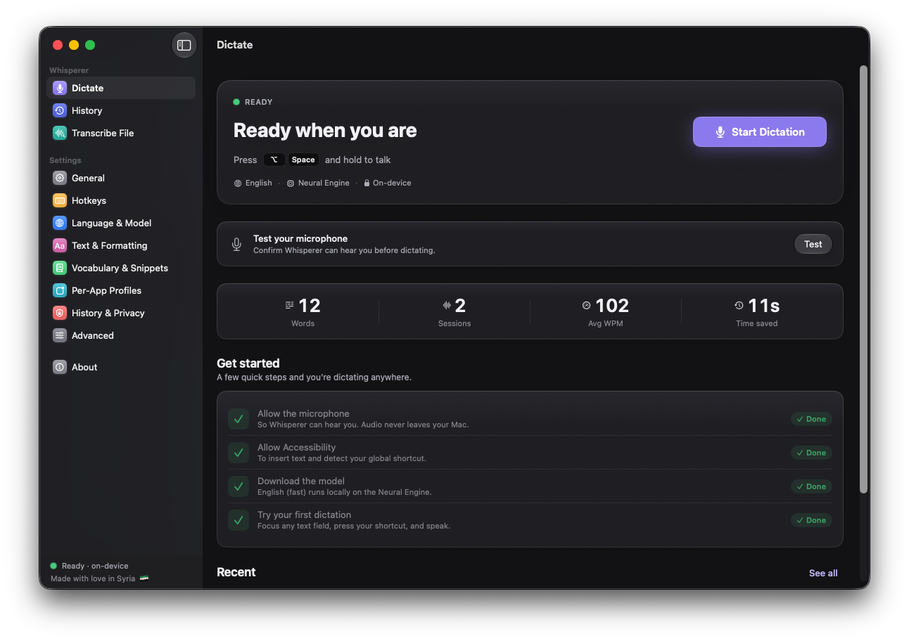 Whisperer's main window: a 'Ready when you are' dashboard with the Start Dictation button, the ⌥ Space shortcut, mic test, usage stats, and a getting-started checklist.