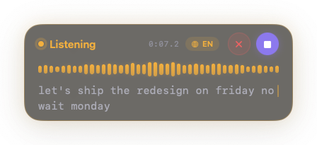 Whisperer's floating HUD while listening: an amber waveform, a timer, and live words appearing as they're spoken.
